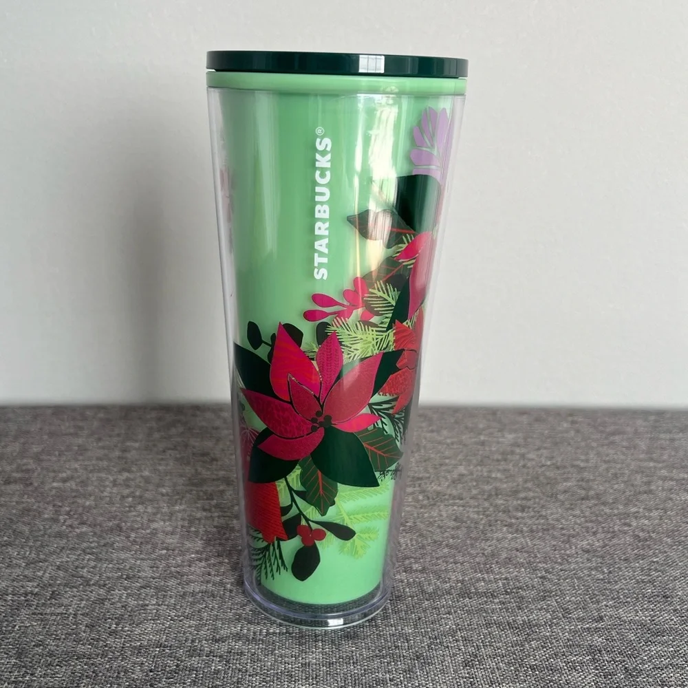 Starbucks Green Red Poinsettia Cold Tumbler 2021 Color Changing Holiday NO STRAW